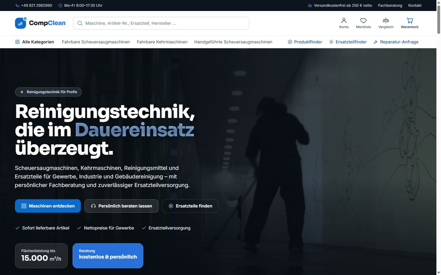 Startseite der Website von CompClean — Marke der Helmut Zerrle GmbH, Augsburg (Desktop-Ansicht)
