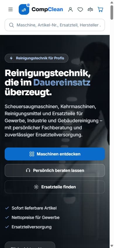 Mobilansicht der Website von CompClean — Marke der Helmut Zerrle GmbH, Augsburg
