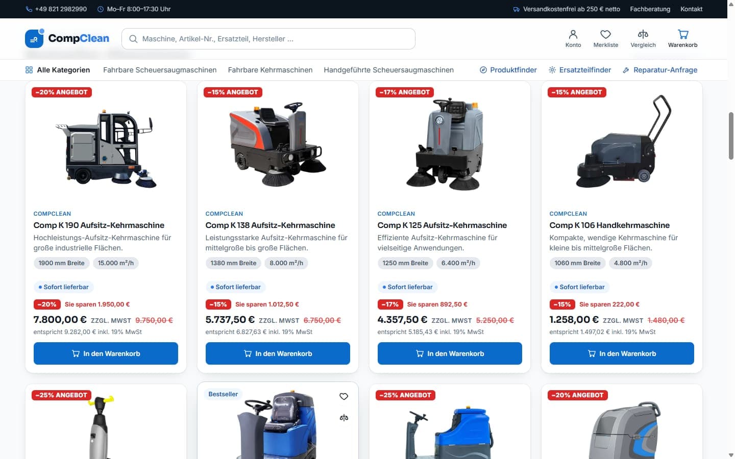 Weitere Sektion der Website von CompClean — Marke der Helmut Zerrle GmbH, Augsburg: Maschinen & Angebote