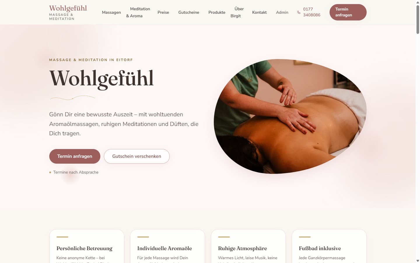 Startseite der Website von Wohlgefühl — Massage & Meditation, Eitorf (Desktop-Ansicht)
