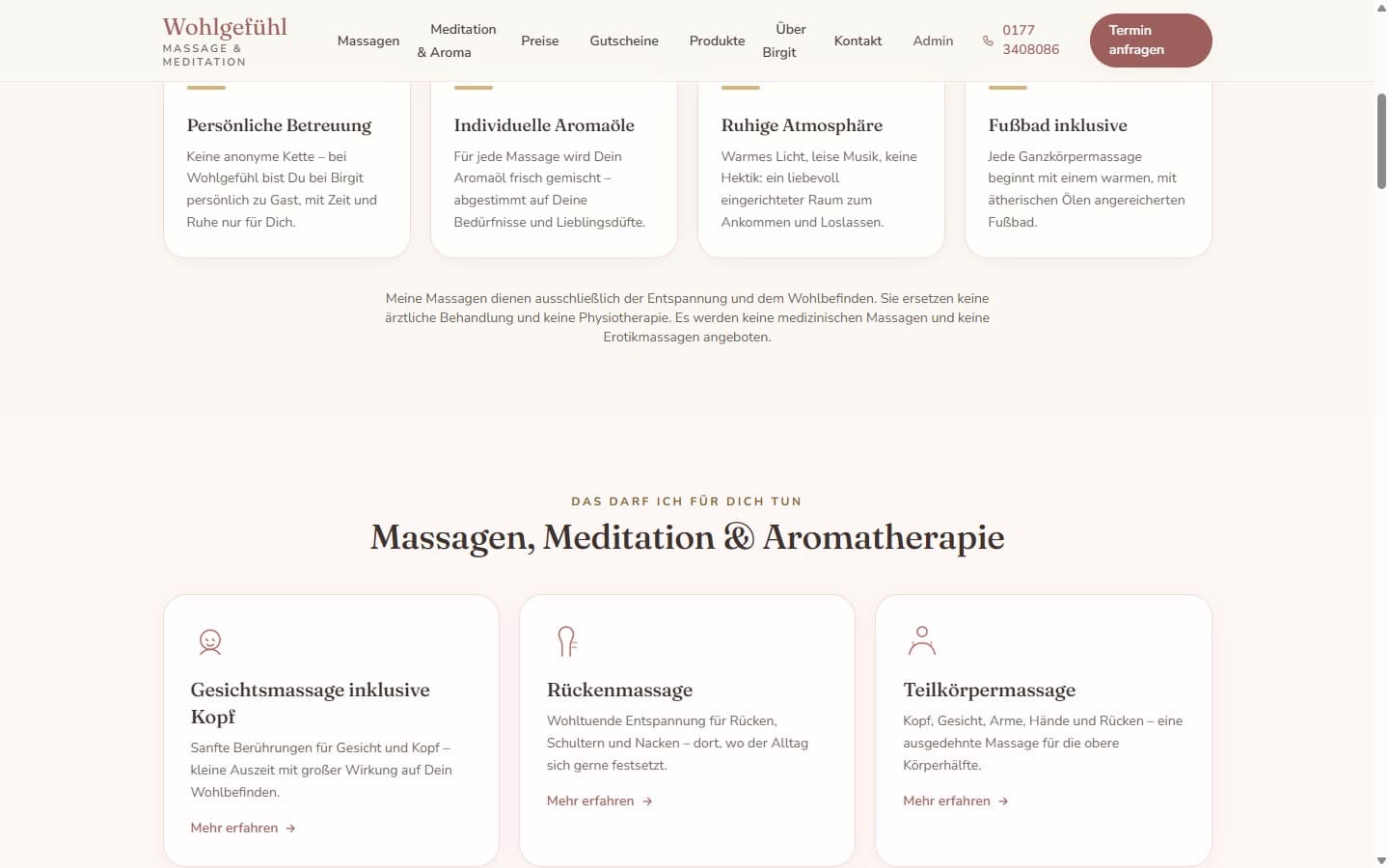 Weitere Sektion der Website von Wohlgefühl — Massage & Meditation, Eitorf: Leistungsversprechen