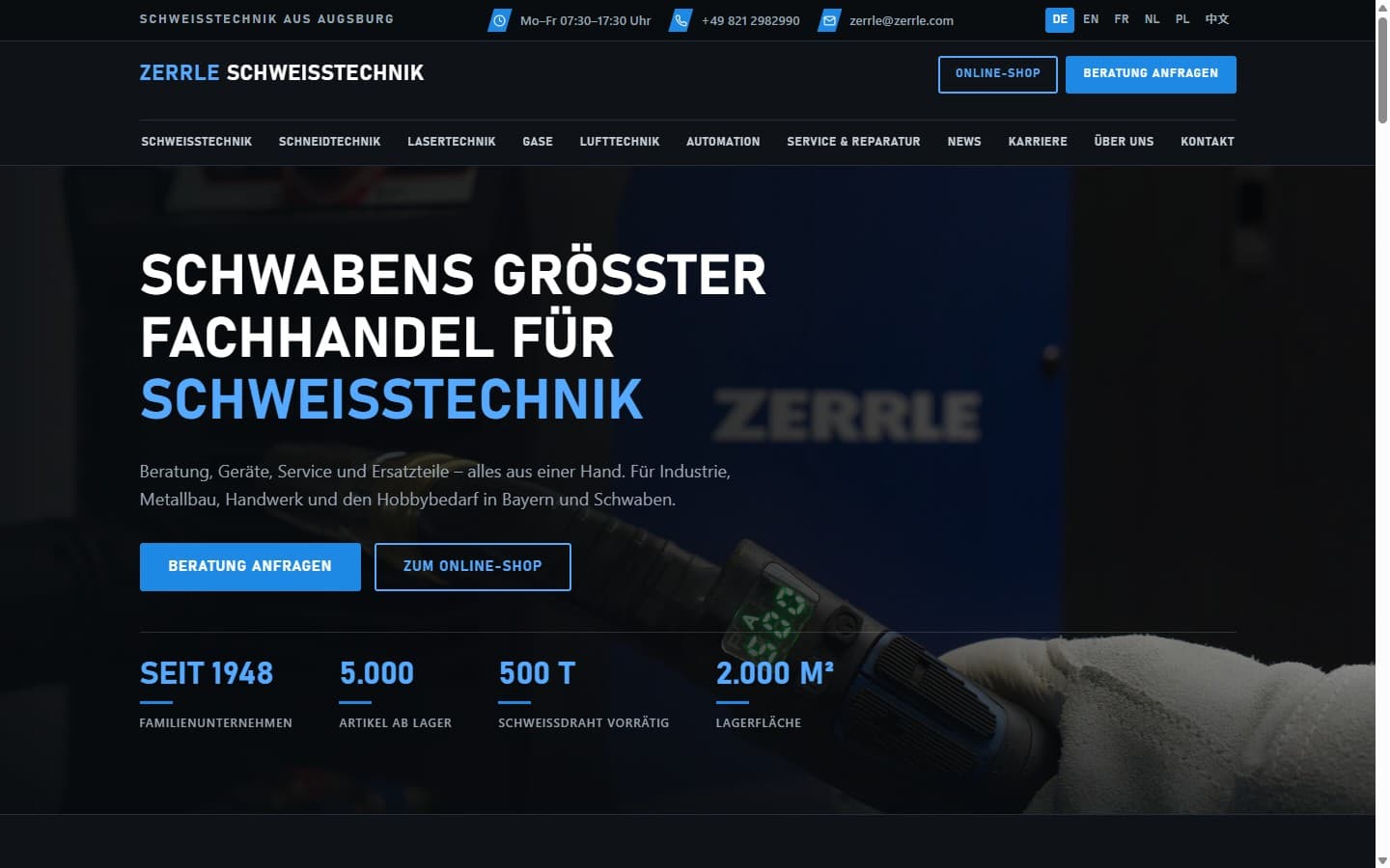 Startseite der Website von Helmut Zerrle Schweißtechnik-Großhandel GmbH (Desktop-Ansicht)